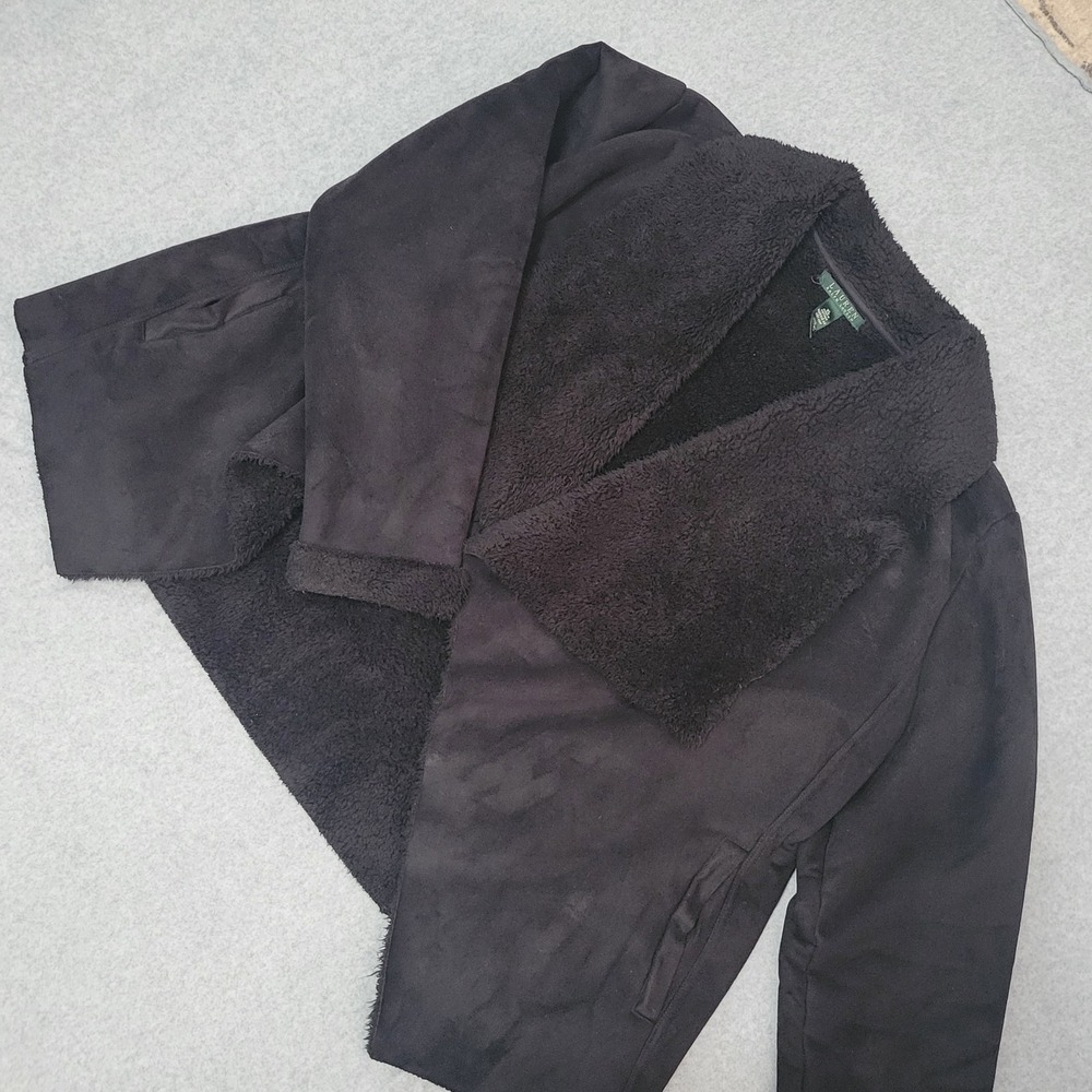 Lauren Ralph Lauren XL Black Faux Shearling Open Front Draped Jacket